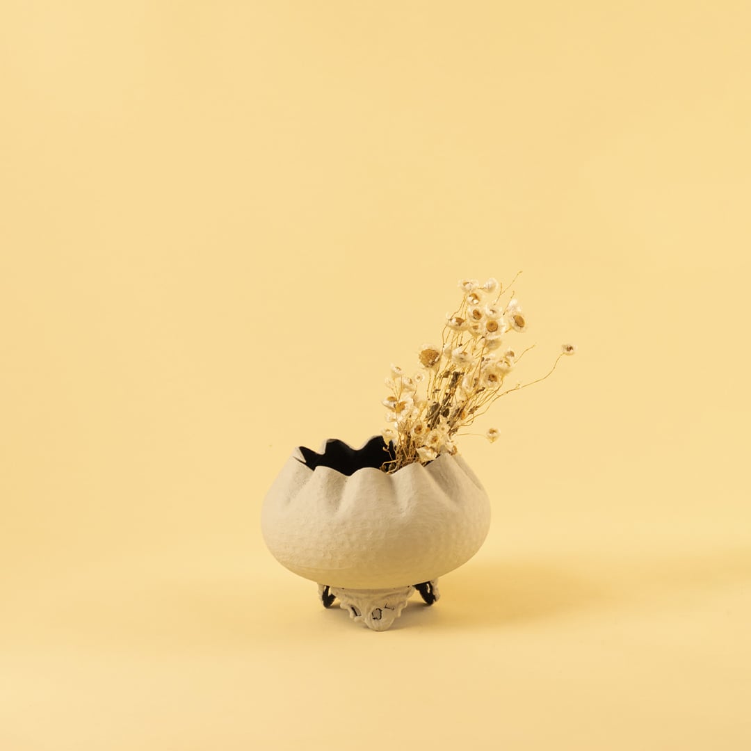 Cream metal scalloped bowl planter decor styled in a warm modern room adding a soft elegant accent to living room tables.