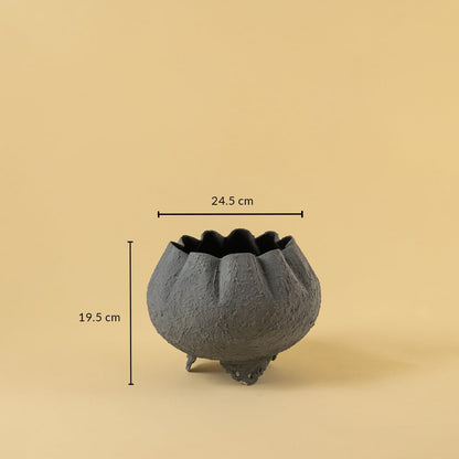 Grey metal scalloped bowl planter decor with width 24.5 cm and height 19.5 cm shown clearly for accurate size reference.