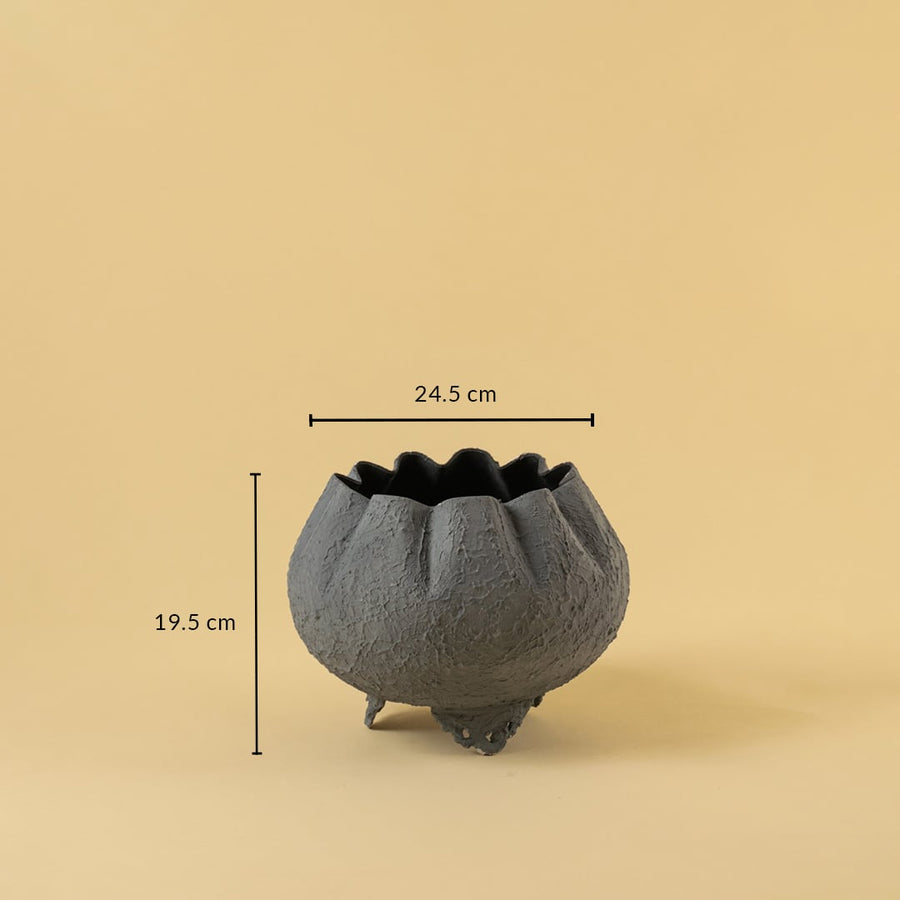 Grey metal scalloped bowl planter decor with width 24.5 cm and height 19.5 cm shown clearly for accurate size reference.