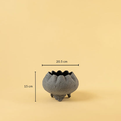 Grey metal scalloped bowl planter decor with width 20.5 cm and height 15 cm shown clearly for accurate size reference.