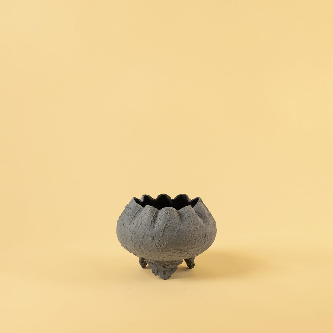 Matte dark grey textured bowl planter for modern home decor and sleek contemporary interior shelf display needs.