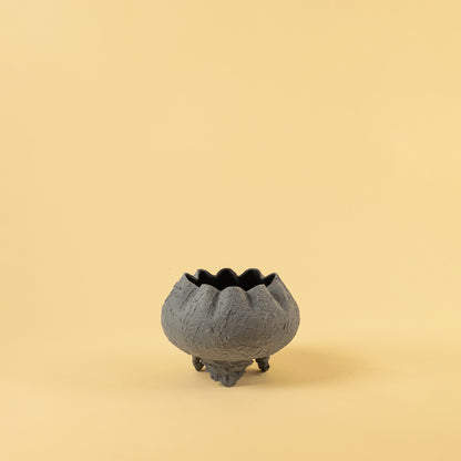 Matte dark grey textured bowl planter for modern home decor and sleek contemporary interior shelf display needs.