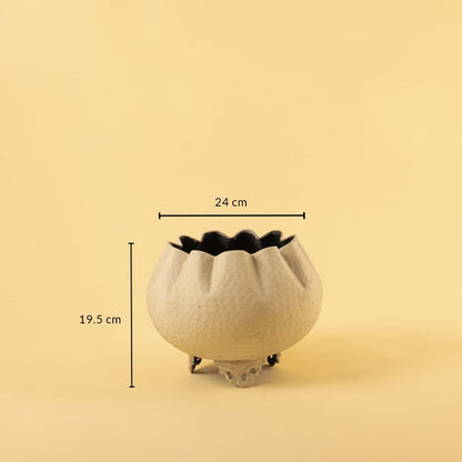 Cream metal scalloped bowl planter decor with width 24 cm and height 19.5 cm shown clearly for accurate size reference.