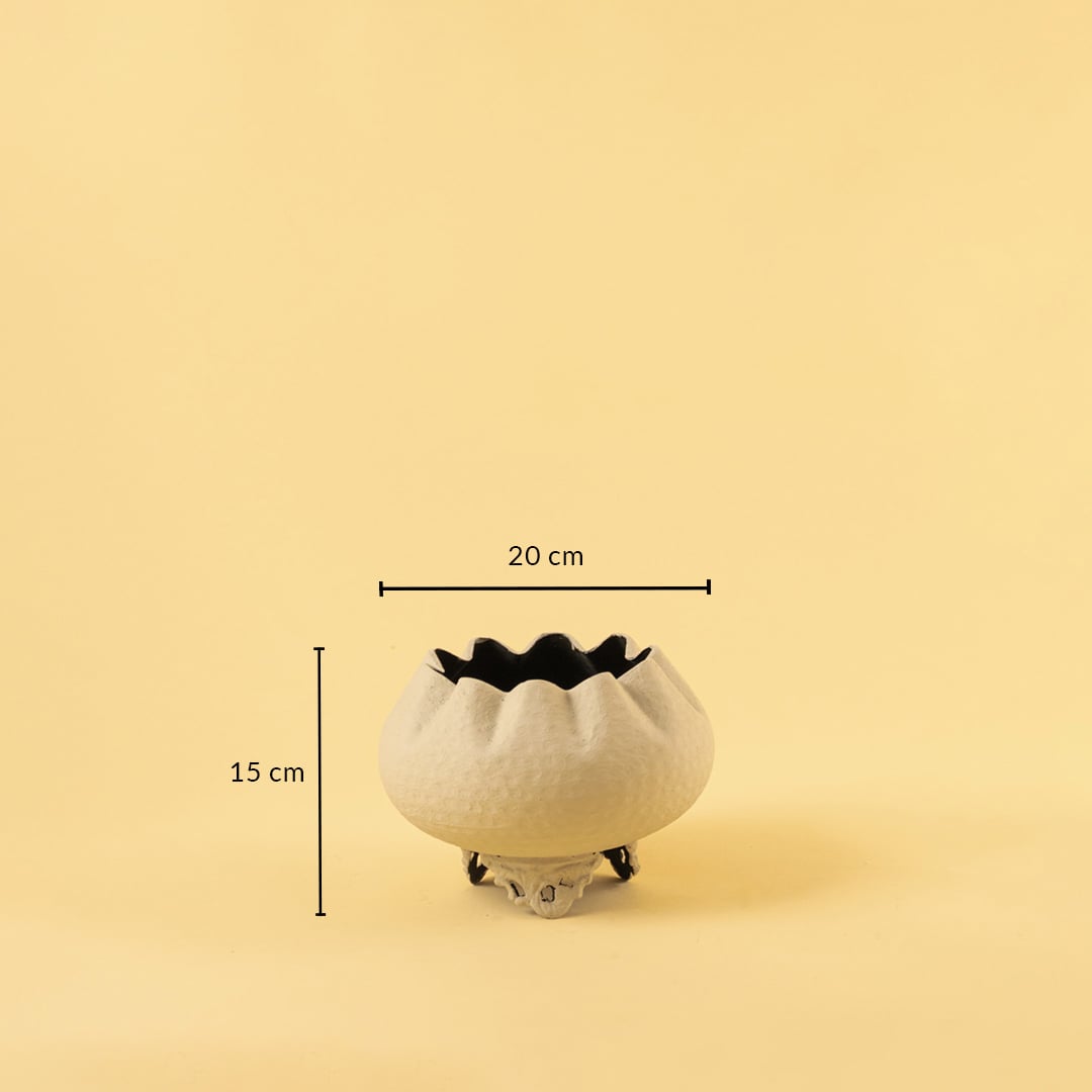 Cream metal scalloped bowl planter decor with width 20 cm and height 15 cm shown clearly for accurate size reference.