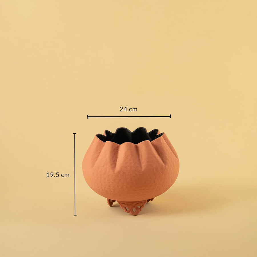 Terracotta metal scalloped bowl planter decor with width 24 cm and height 19.5 cm shown clearly for accurate size reference.