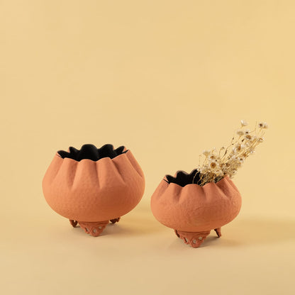 Terracotta metal scalloped bowl planters displayed together creating a warm modern decor look ideal for centre tables and shelves.