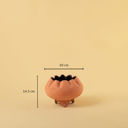 Terracotta metal scalloped bowl planter decor with width 20 cm and height 14.5 cm shown clearly for accurate size reference.
