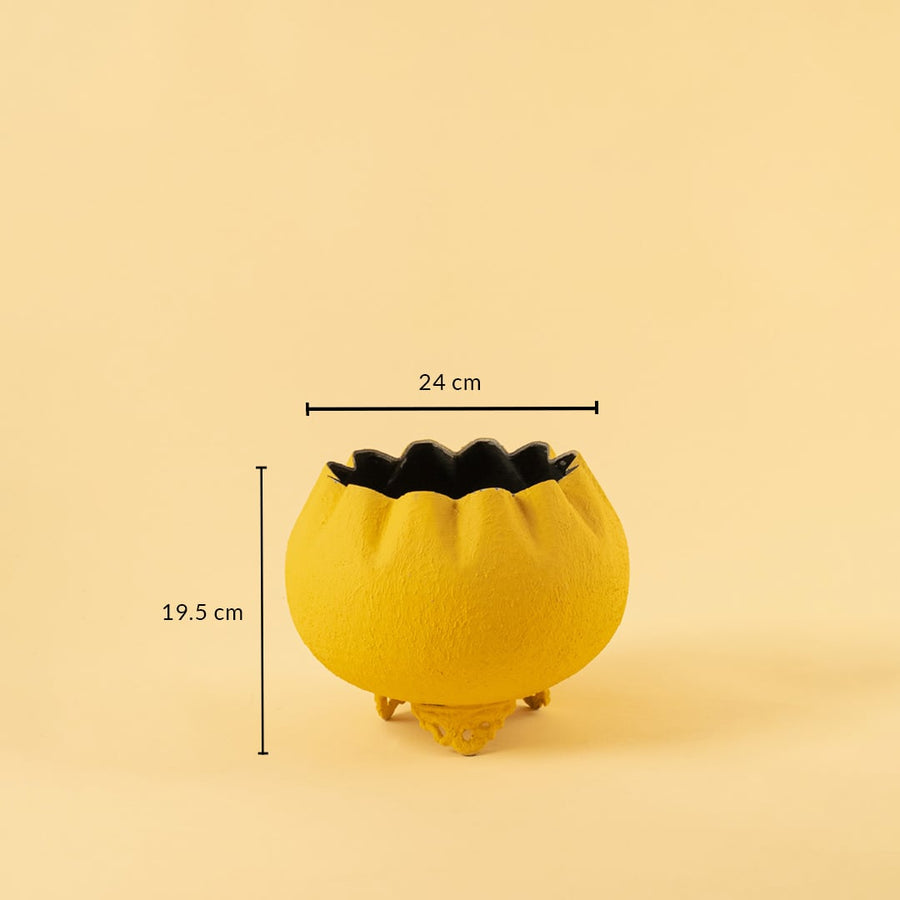 Yellow metal scalloped bowl planter decor with width 24 cm and height 19.5 cm shown clearly for accurate size reference.
