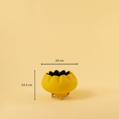 Yellow metal scalloped bowl planter decor with width 20 cm and height 14.5 cm shown clearly for accurate size reference.