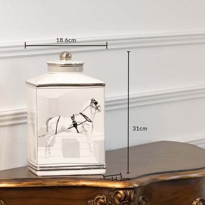 White ceramic jar with crane artwork shown with dimensions 18 cm width and 31 cm height.