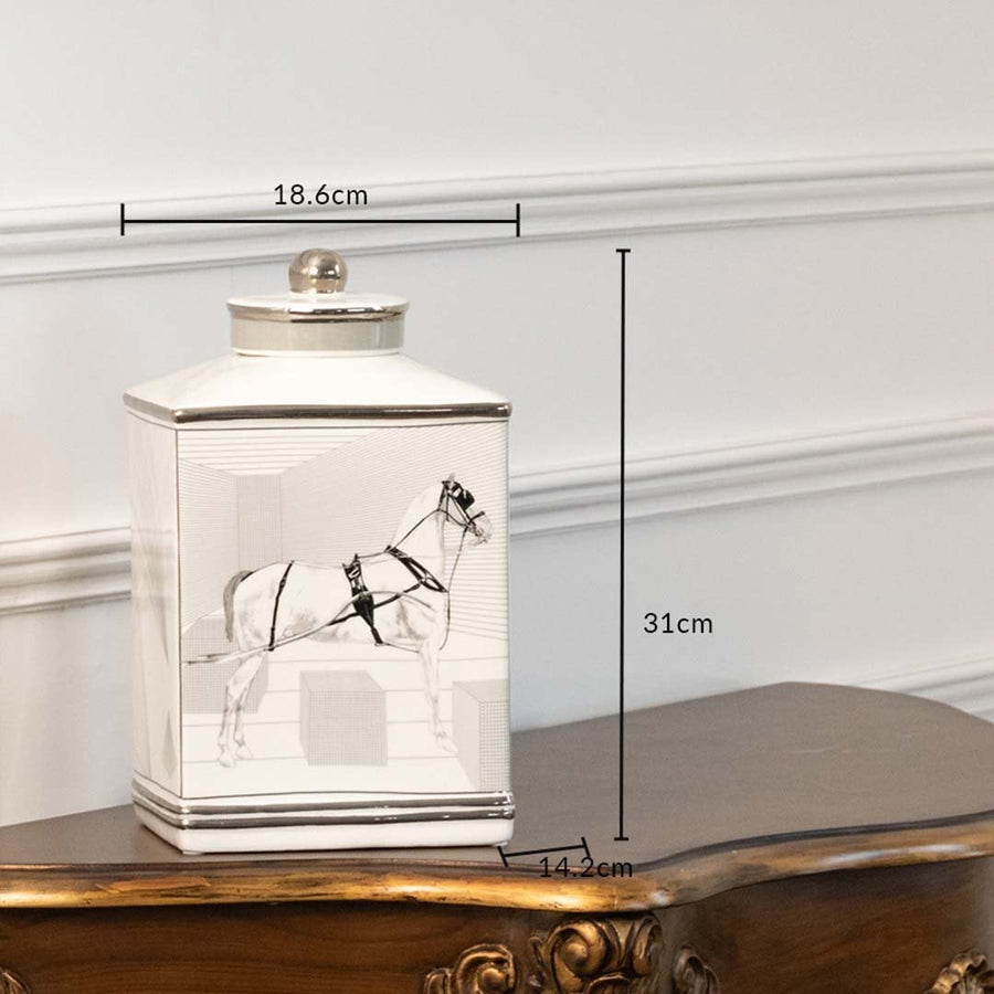 White ceramic jar with crane artwork shown with dimensions 18 cm width and 31 cm height.