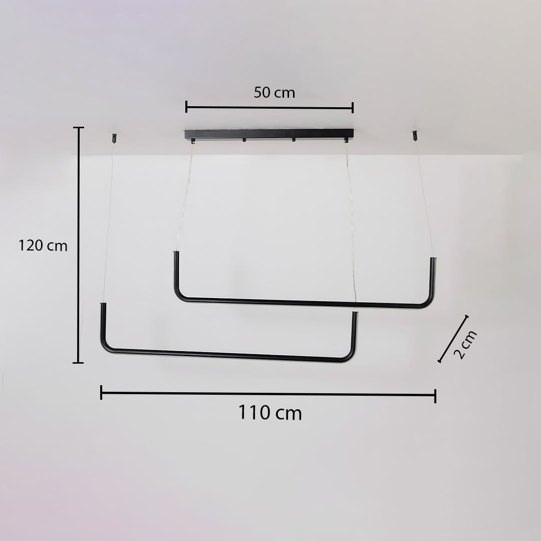Black hanging light shown with 120 cm height 110 cm width 50 cm ceiling plate and 2 cm bar thickness for accurate dimensions.
