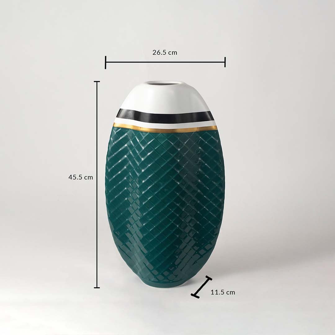 Ceramic vase with labeled dimensions showing 45.5 cm height 26.5 cm width and 11.5 cm base designed as a modern decorative accent for tables and consoles.