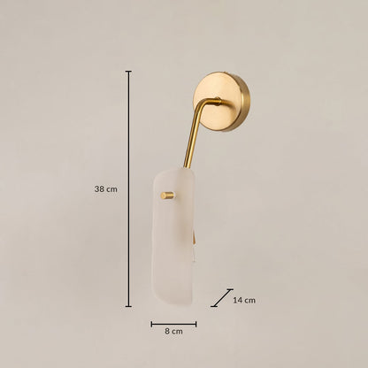 Gold wall light with frosted glass shade shown with 38 cm height 8 cm width and 14 cm depth for modern wall lighting.