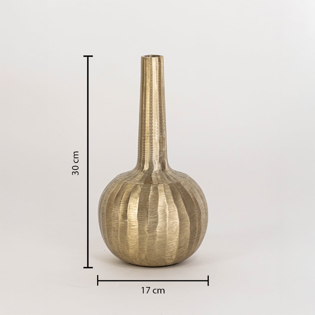Decorative gold vase measuring 30 cm high and 17 cm wide with sculpted base and slim neck shown on white backdrop