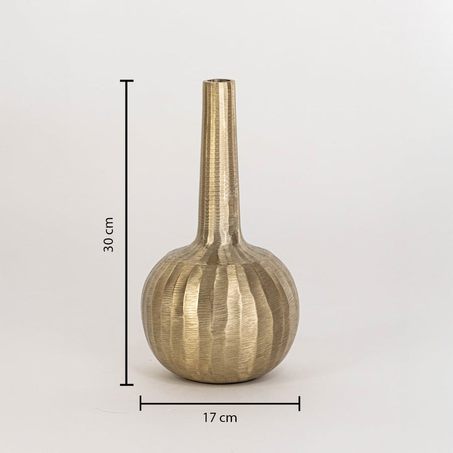 Decorative gold vase measuring 30 cm high and 17 cm wide with sculpted base and slim neck shown on white backdrop