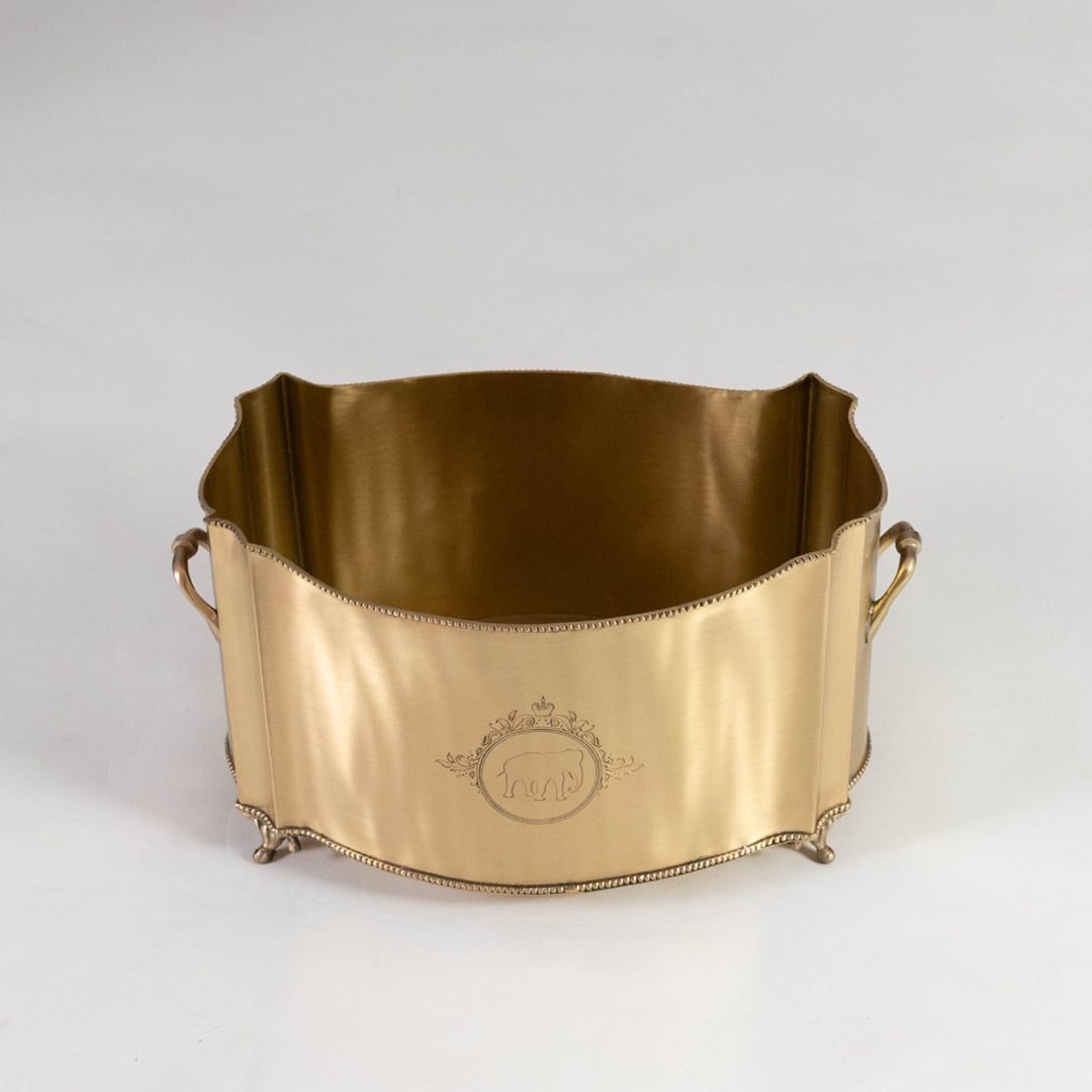 Closeup of gold metal planter on white background highlighting curved shape and smooth metallic finish with handle.