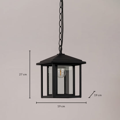 Black metal outdoor lantern with glass panels displayed with dimensions 27 cm height and 19 cm width on a white background.