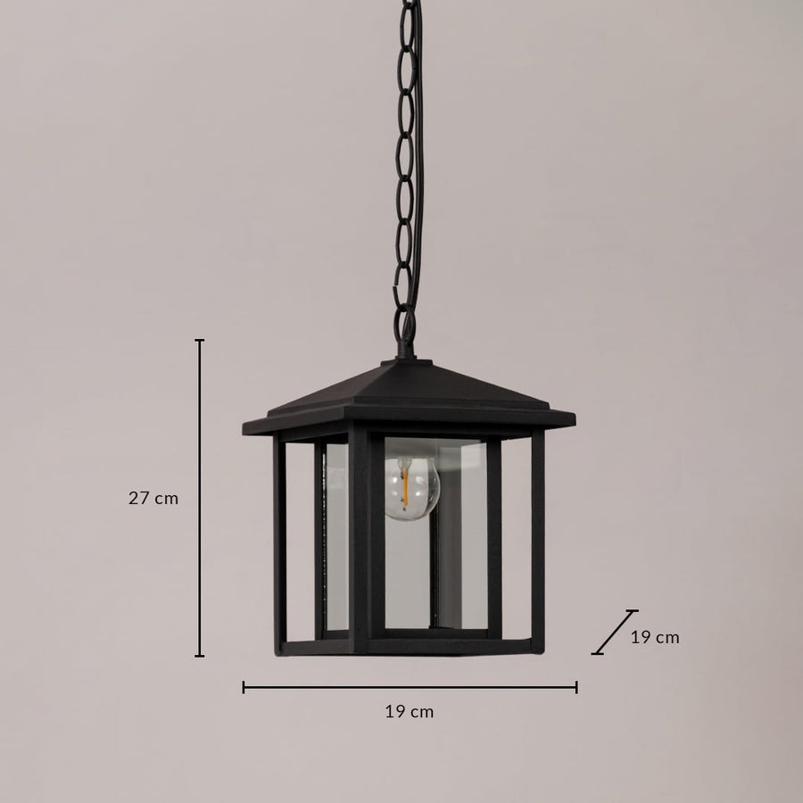 Black metal outdoor lantern with glass panels displayed with dimensions 27 cm height and 19 cm width on a white background.