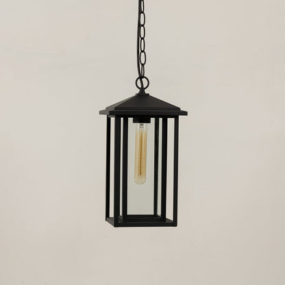 A stylish black metal hanging lantern shown on a plain white background highlighting its tall rectangular frame and transparent glass sides with the light switched off.