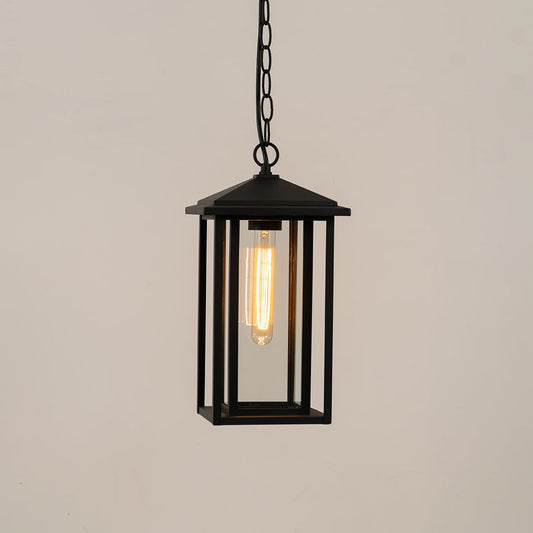 A sleek black hanging lantern displayed on a white background showing its clean modern frame and clear glass panels with lights on for a clear product-only view.