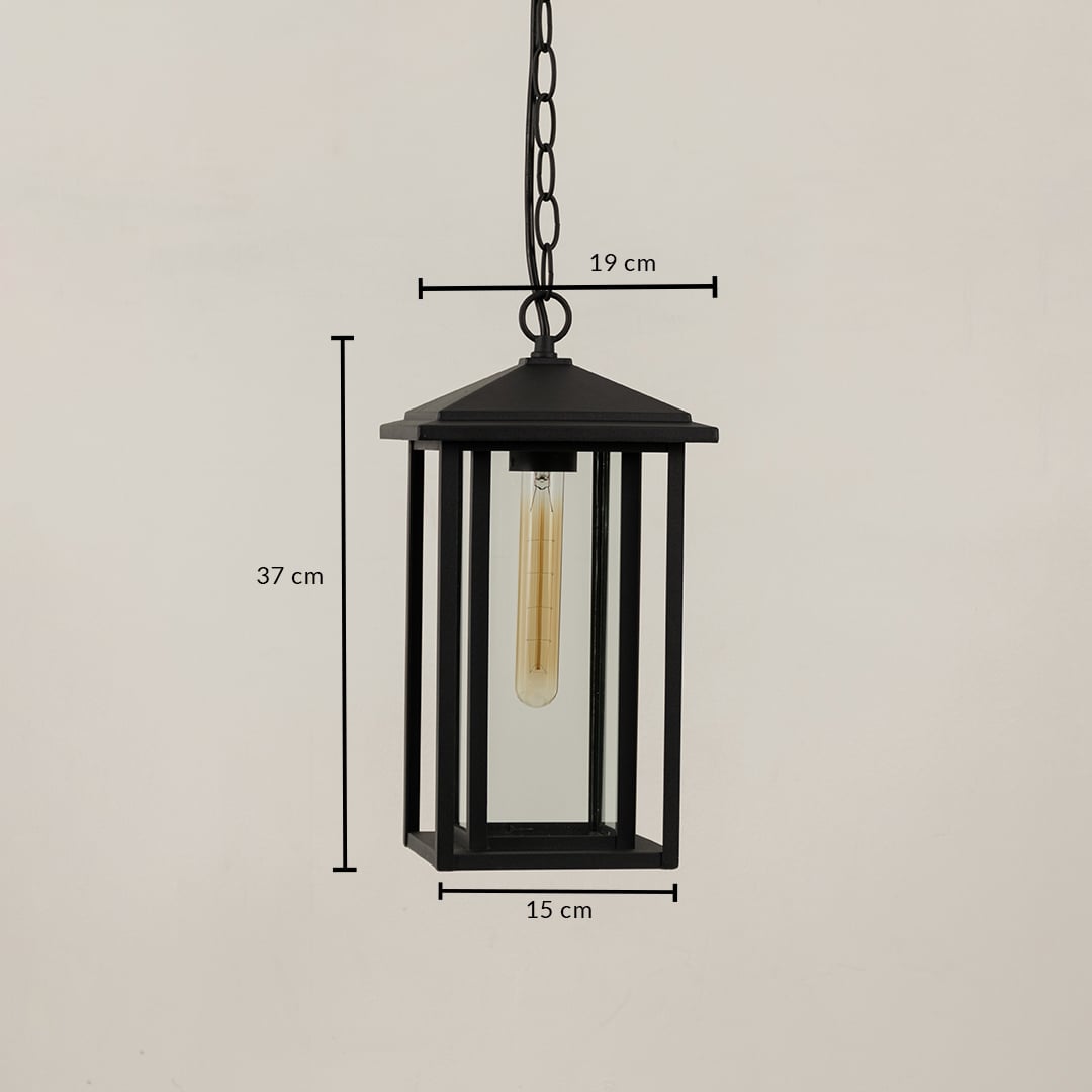 A black hanging lantern displayed on a white background showing clear dimensions of 37 cm height 19 cm width at the top and 15 cm width at the base offering a precise size reference.