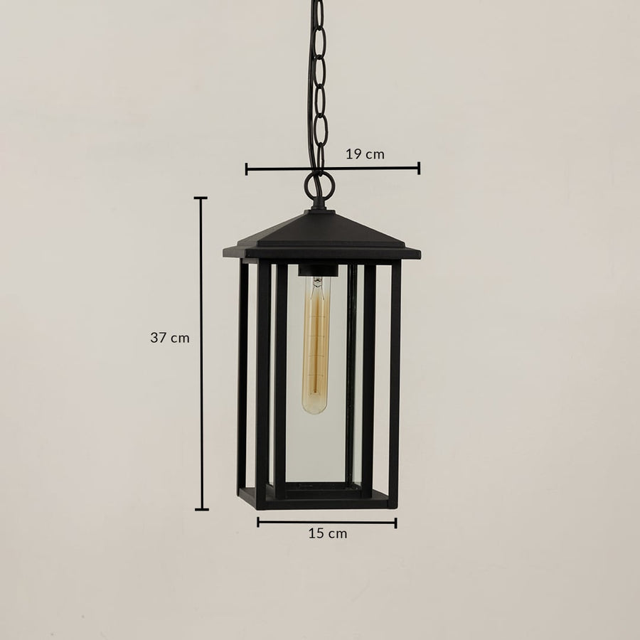 A black hanging lantern displayed on a white background showing clear dimensions of 37 cm height 19 cm width at the top and 15 cm width at the base offering a precise size reference.