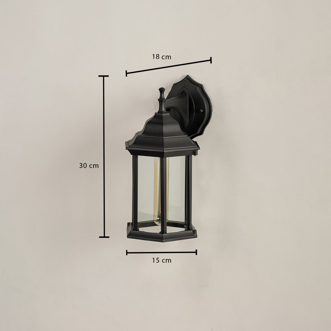 An outdoor wall lantern on a white background showing dimensions clearly marked as 30 cm height 18 cm width and 15 cm depth providing accurate size reference for installation.