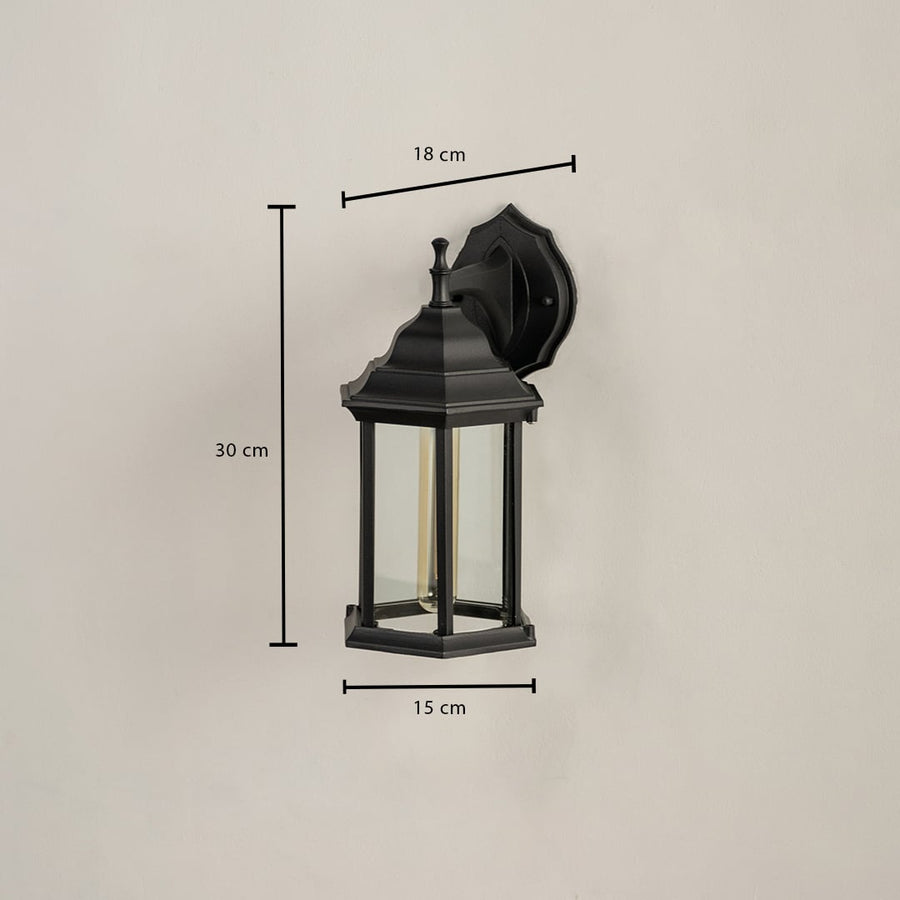 An outdoor wall lantern on a white background showing dimensions clearly marked as 30 cm height 18 cm width and 15 cm depth providing accurate size reference for installation.