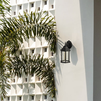 A decorative outdoor wall lantern with the light on Outdoor wall near a doorway casting a soft ambient glow on the wall and enhancing the natural greenery around the entrance.