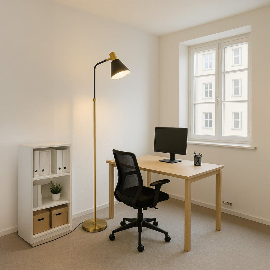 Floor lamp styled in a minimalist office setup with desk and chair under natural light for a modern home decor look.