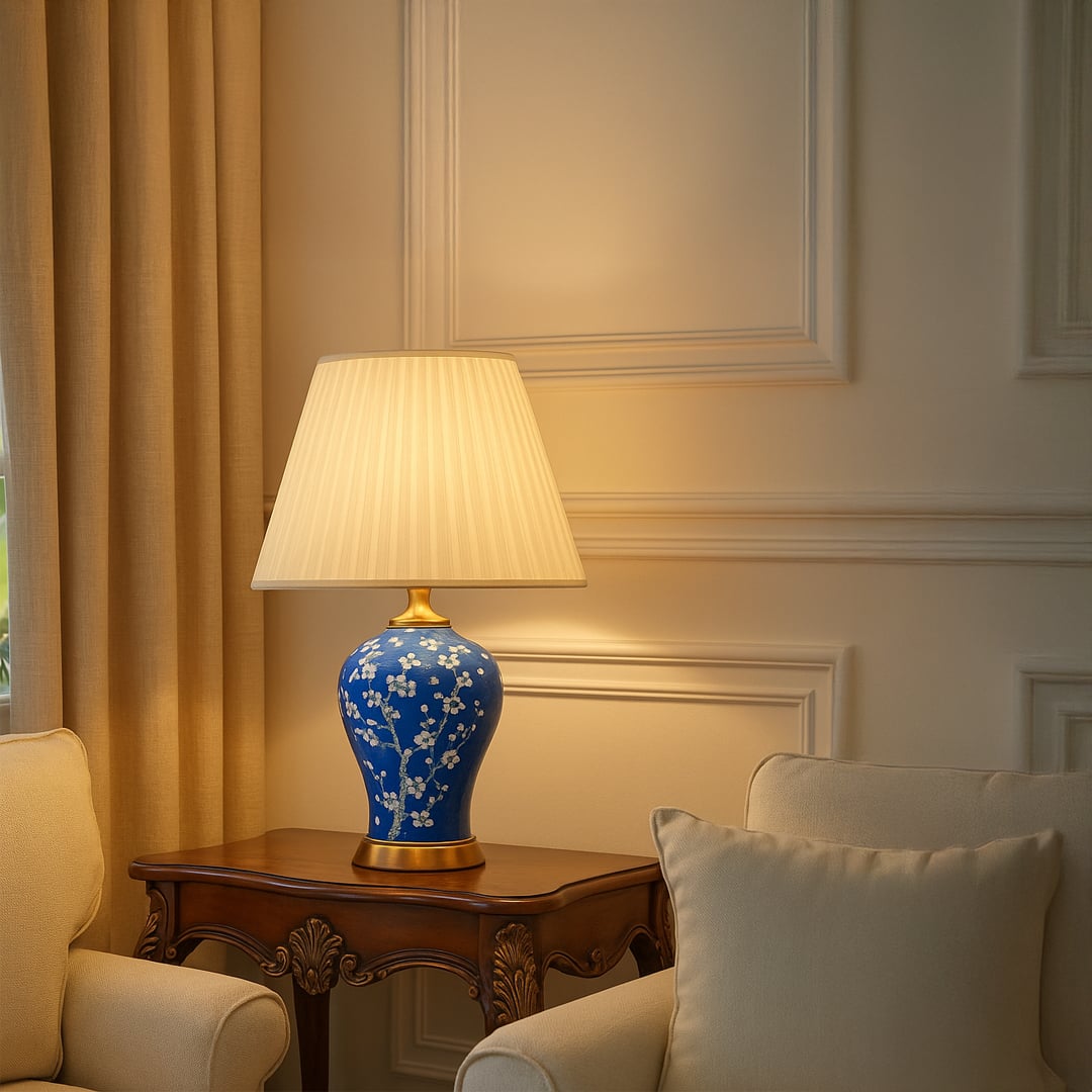 Elegant blue ceramic table lamp with floral design and cream shade glowing warmly on a classic wooden side table enhancing cozy living room decor.