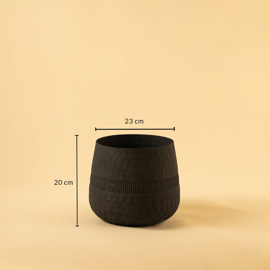 Black textured pot with matte interior shown with 23 cm width and 20 cm height for modern decorative home styling.