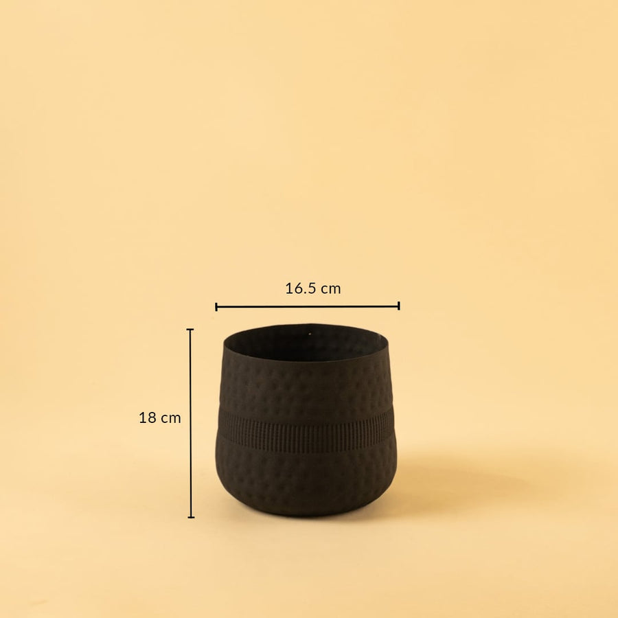 Small black textured pot with matte interior shown with 16.5 cm width and 18 cm height for modern decorative home styling.