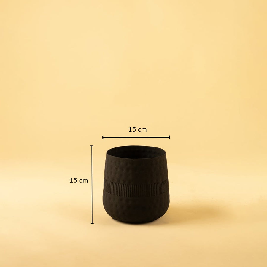 Small black textured pot with matte interior shown with 15 cm width and 15 cm height for modern decorative home styling.