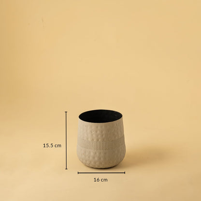 Small cream textured pot with black interior shown with 16 cm width and 15.5 cm height for modern minimal home decor.