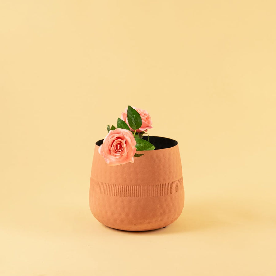 Terracotta textured pot with natural matte finish styled in a bright warm interior space adding artistic modern decor.