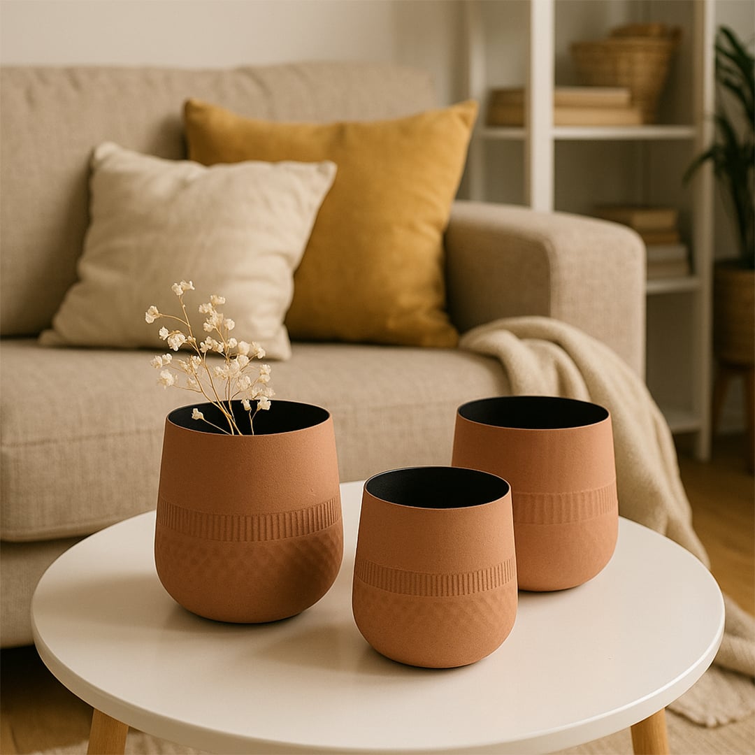 Terracotta textured pot with black interior styled with matching pots in a warm modern setup creating an earthy decorative look.