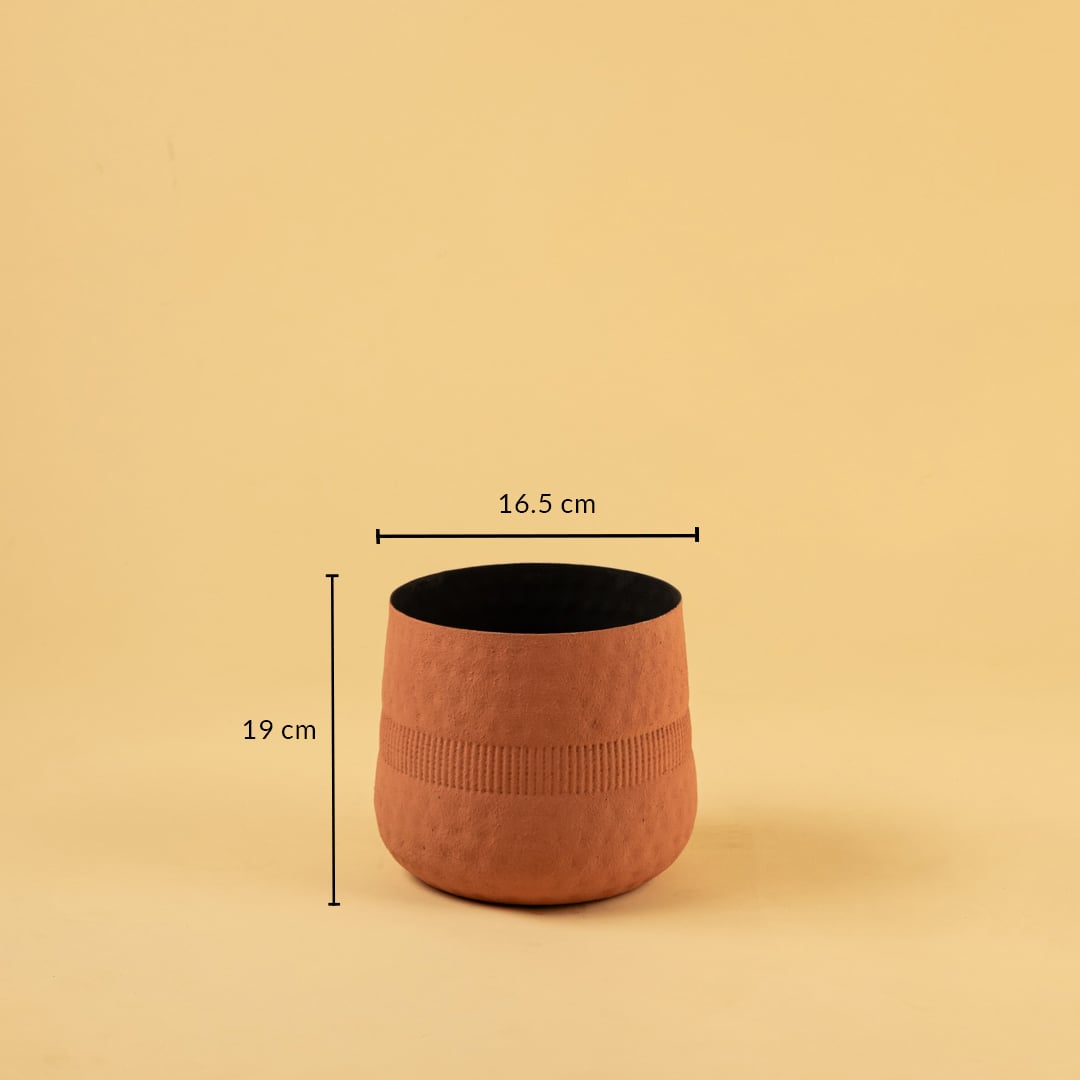 Terracotta textured pot with black interior shown with 16.5 cm width and 19 cm height for modern decorative home styling.