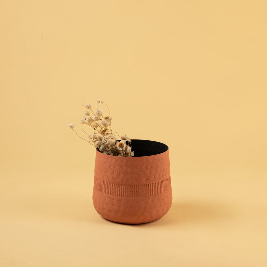 Terracotta textured pot with matte finish and black interior styled in a cozy modern home setting adding warm natural decor.