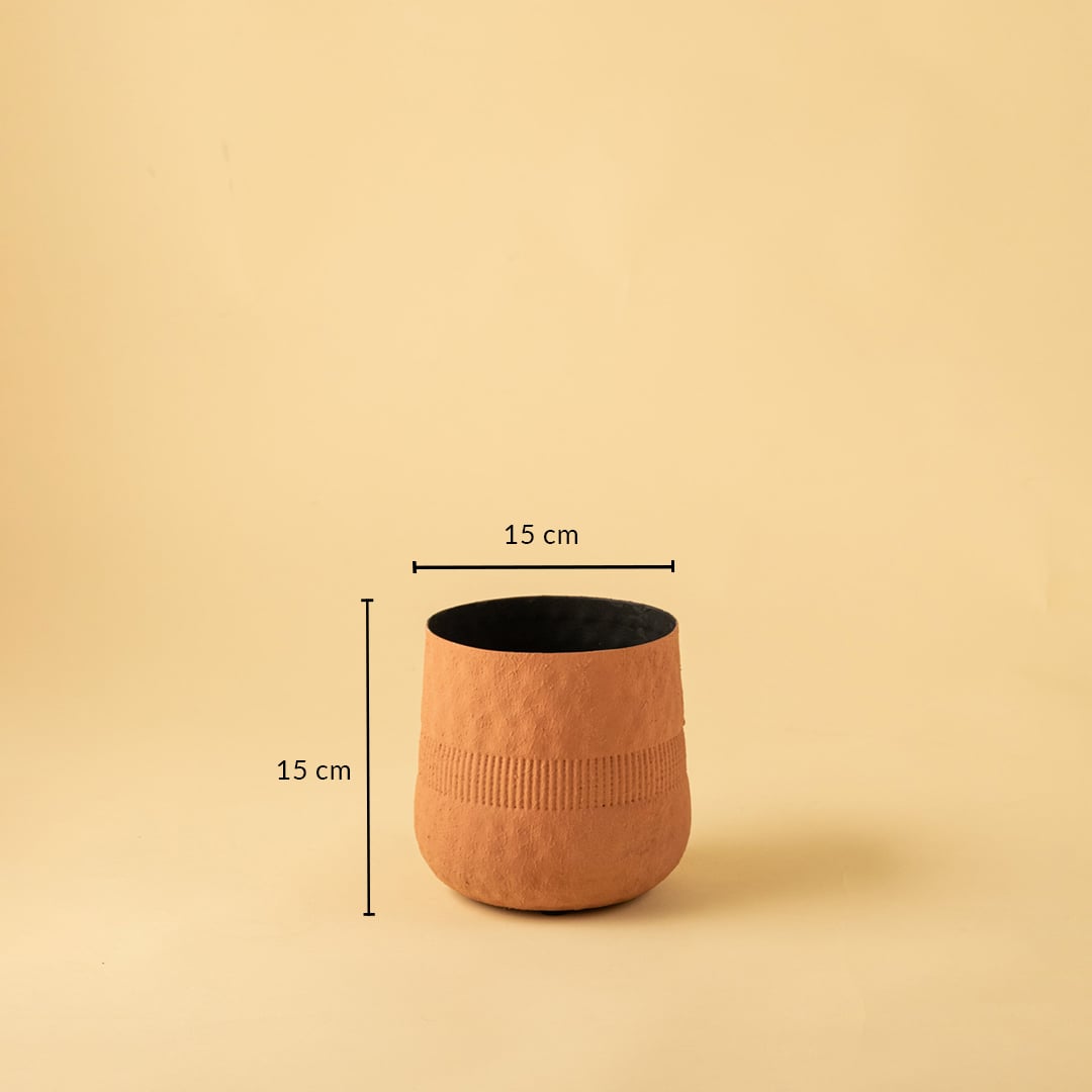 Small terracotta textured pot with black interior shown with 15 cm width and 15 cm height for modern decorative home styling.