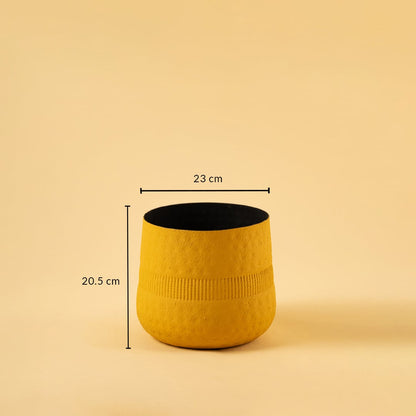 Yellow textured pot with black interior shown with 23 cm width and 20.5 cm height for modern decorative home styling.