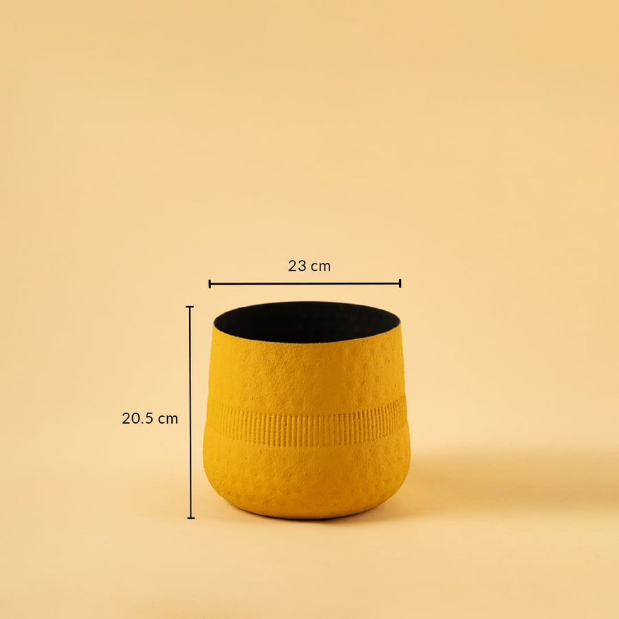 Yellow textured pot with black interior shown with 23 cm width and 20.5 cm height for modern decorative home styling.