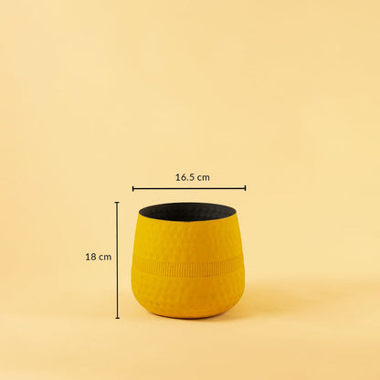 Small yellow textured pot with black interior shown with 16.5 cm width and 18 cm height for modern decorative home styling.