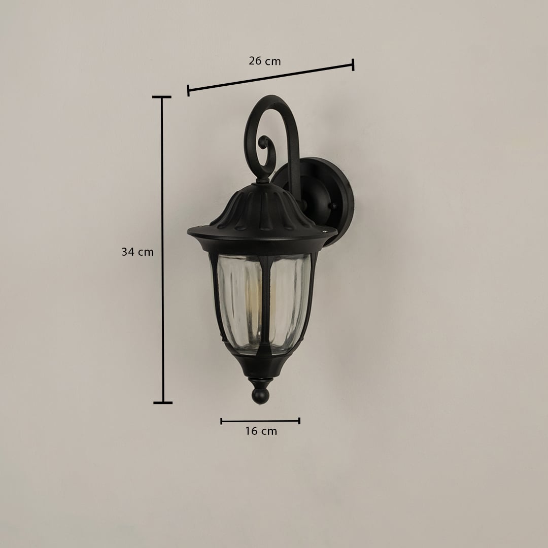 Technical diagram showing dimensions of the black outdoor wall lantern with height 34cm width 16cm and depth 26cm.