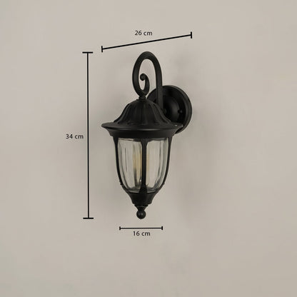 Technical diagram showing dimensions of the black outdoor wall lantern with height 34cm width 16cm and depth 26cm.