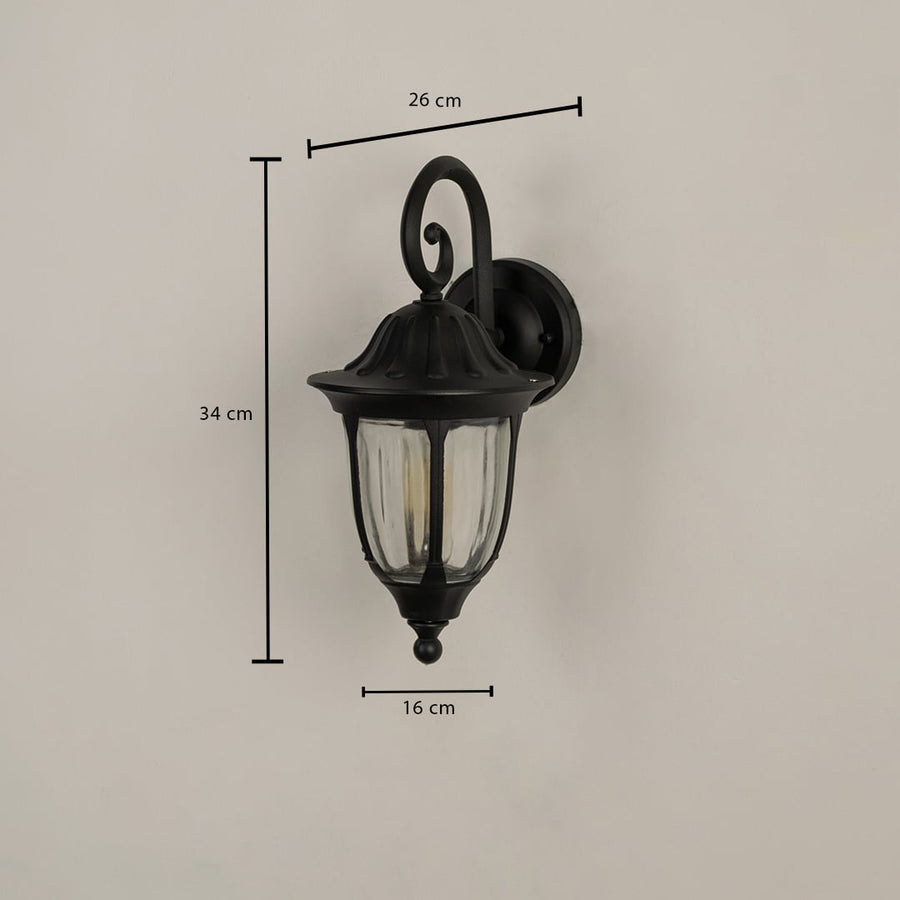 Technical diagram showing dimensions of the black outdoor wall lantern with height 34cm width 16cm and depth 26cm.