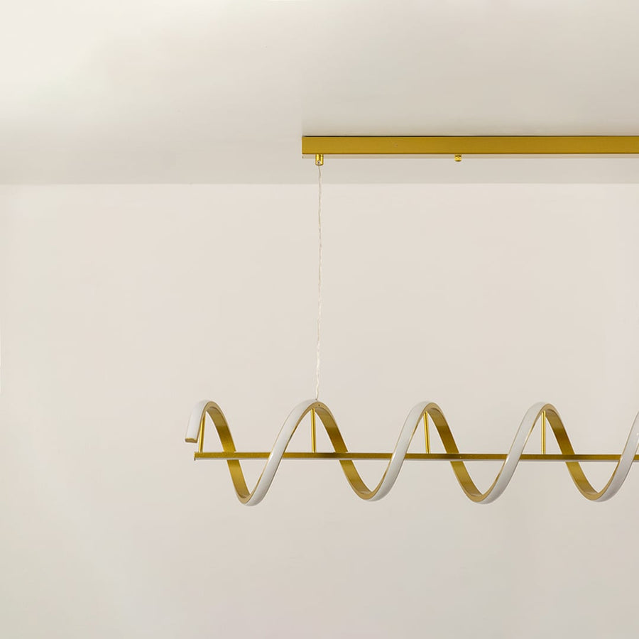 Closeup view of gold linear wave ceiling chandelier in a front view against a white background with lights off ideal for modern chandelier décor and stylish ambient lighting.