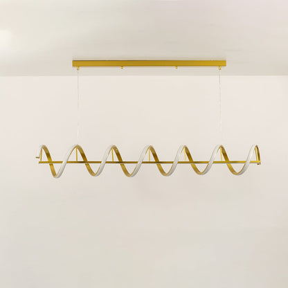 Gold linear wave chandelier in a front view against a white background with lights on perfect for stylish modern lighting décor.