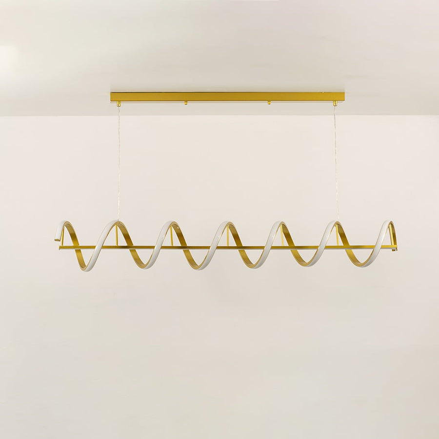 Gold linear wave chandelier in a front view against a white background with lights on perfect for stylish modern lighting décor.